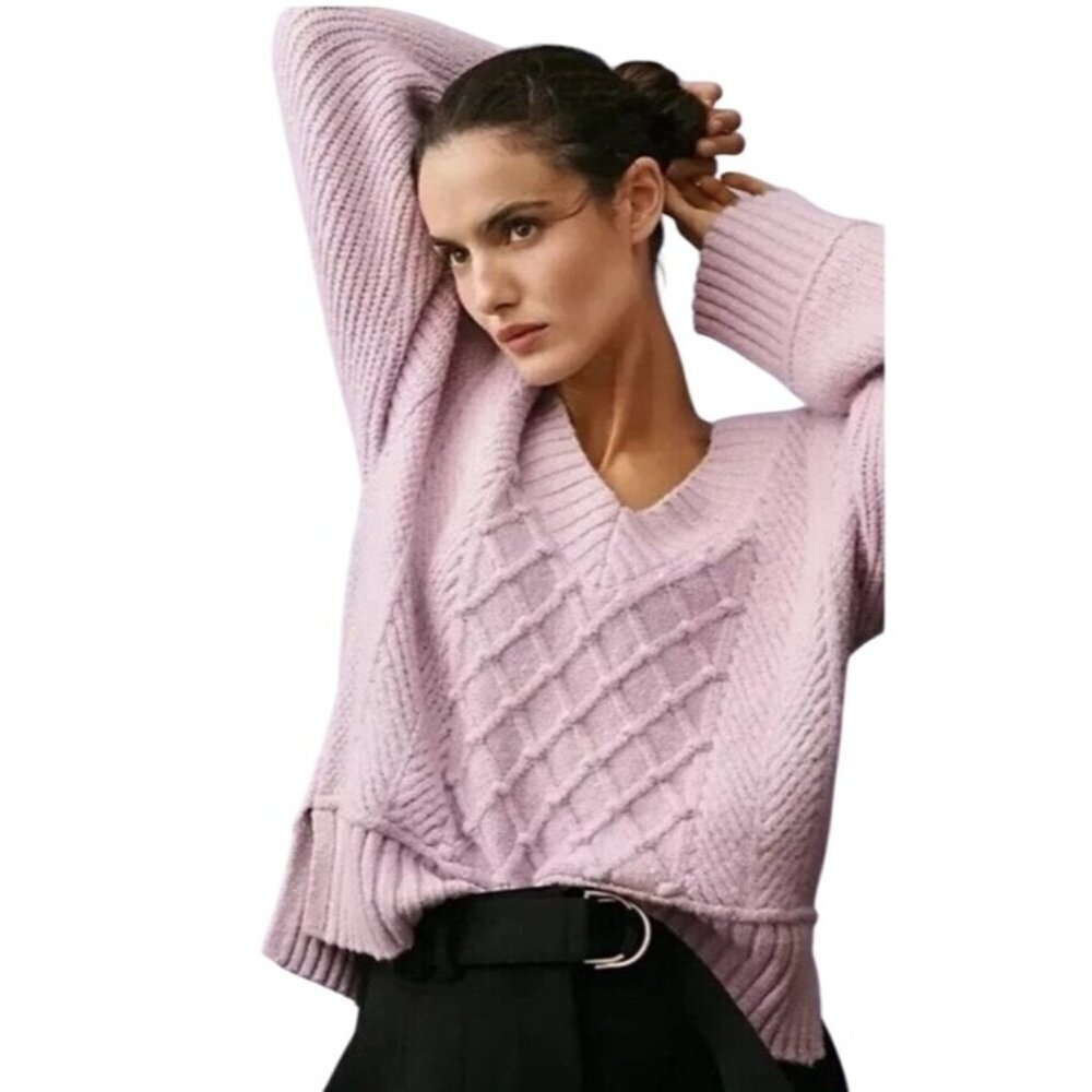 Maeve By Anthropologie V-Neck Cable Knit fisherman's deep V Sweater Medium boxy - Picture 2 of 12